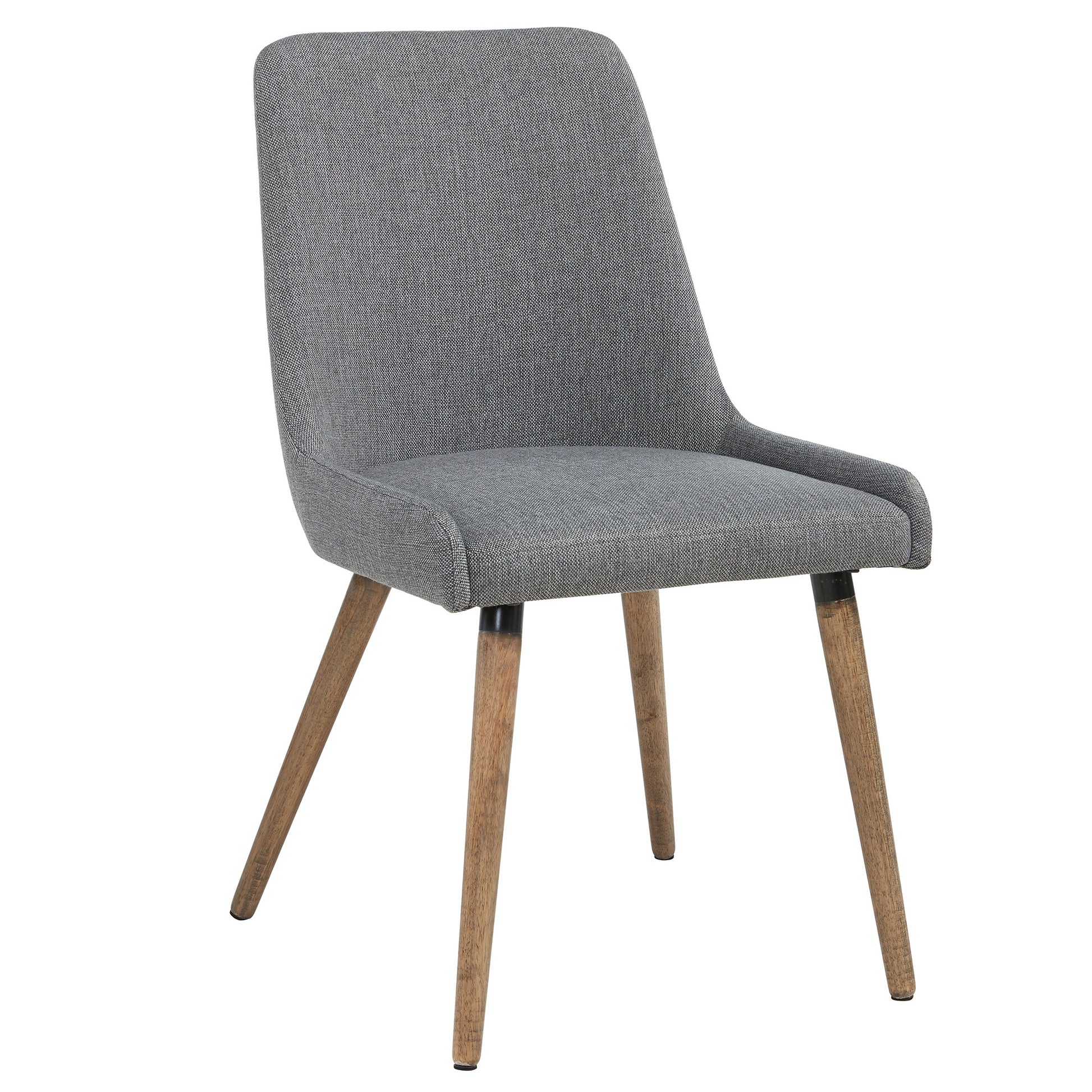 â€¢ Mid-century modern styling â€¢ Sturdy metal chair frame, foam seat cushion, upholstered in dark grey fabric â€¢ Solid rubberwood legs in a washed grey finish â€¢ Mix and match with a variety of table styles â€¢ Approximate weight capacity is 250 lbs; seat height is 18.5"