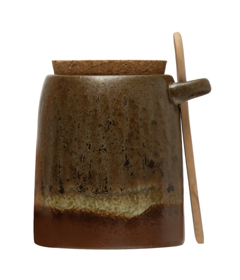 Stoneware Jar w/ Cork Lid & Wood Spoon